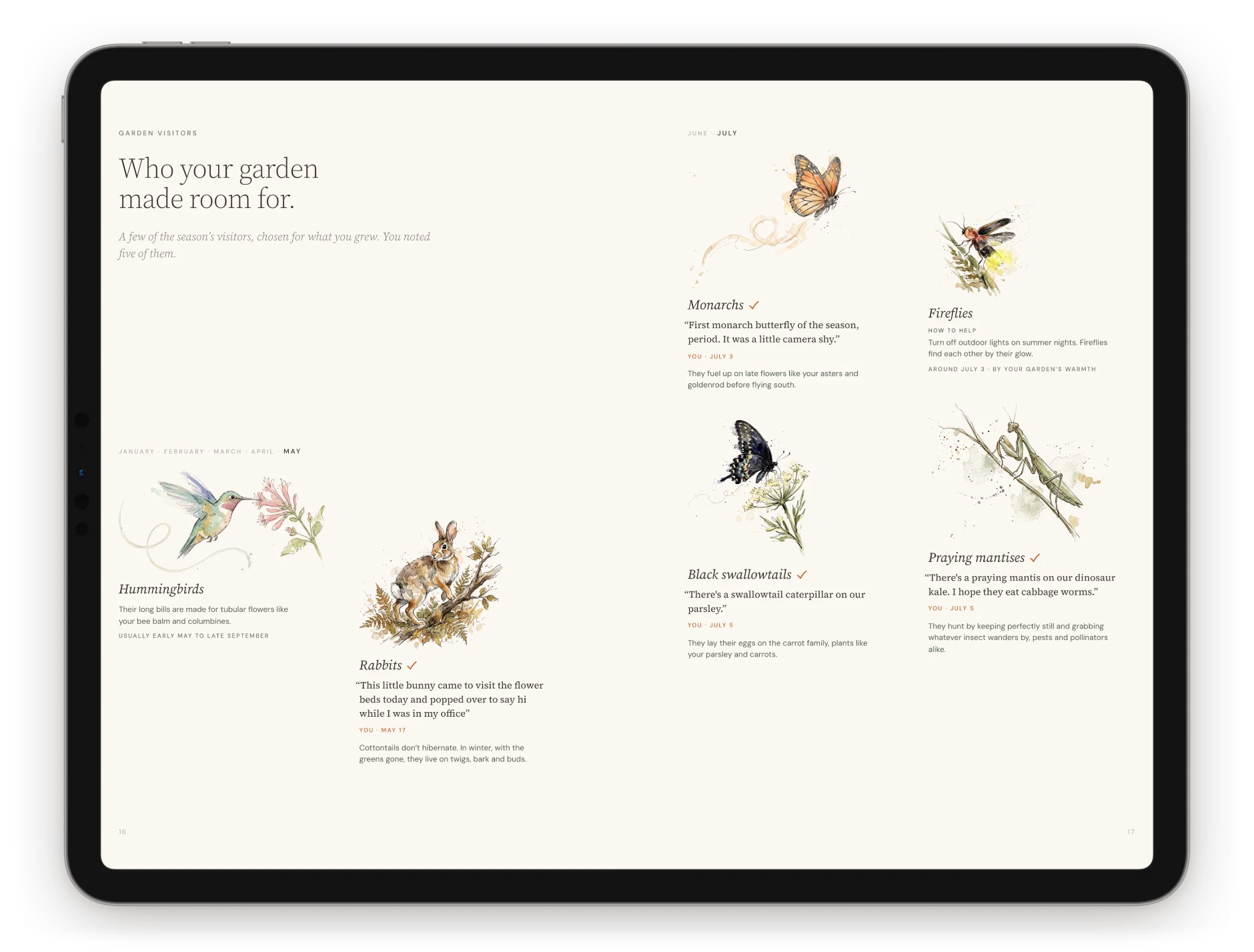 Garden visitors on an iPad: a spread titled Who your garden made room for, with illustrations of hummingbirds, a rabbit, monarchs, fireflies, a black swallowtail and a praying mantis beside the gardener’s own notes.