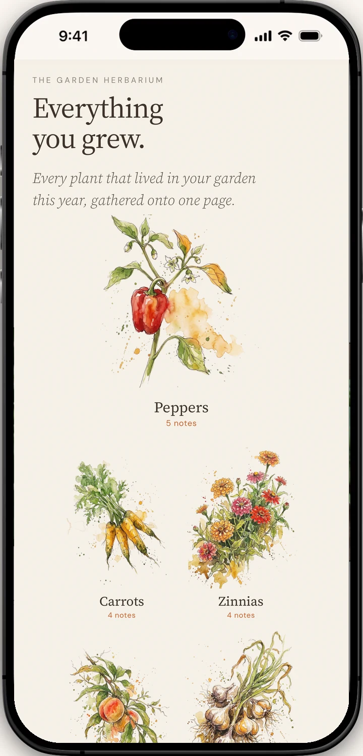 The Garden Herbarium page of a Migration Report: Everything you grew, every plant that lived in your garden this year gathered onto one page, with illustrations of peppers, carrots and zinnias.