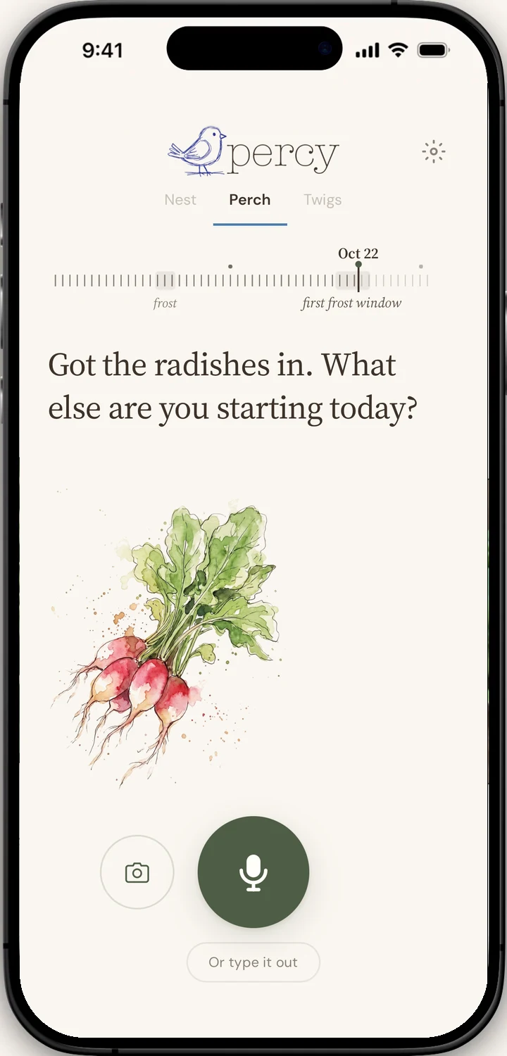 The Perch in Percy: a season stripe marking October 22 in the first frost window, the line 'Got the radishes in. What else are you starting today?' and an illustration of radishes.