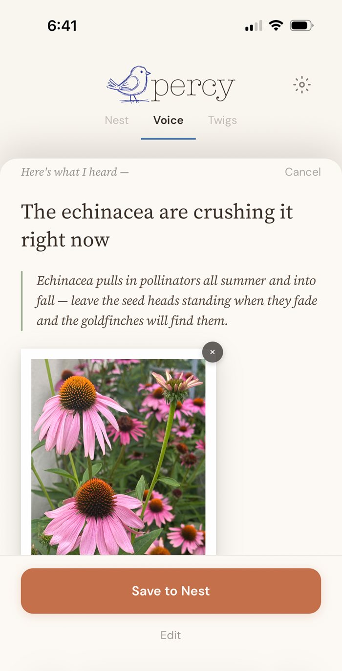 Percy's review sheet for 'The echinacea are crushing it right now' with a photo of pink coneflowers and a note to leave the seed heads for goldfinches