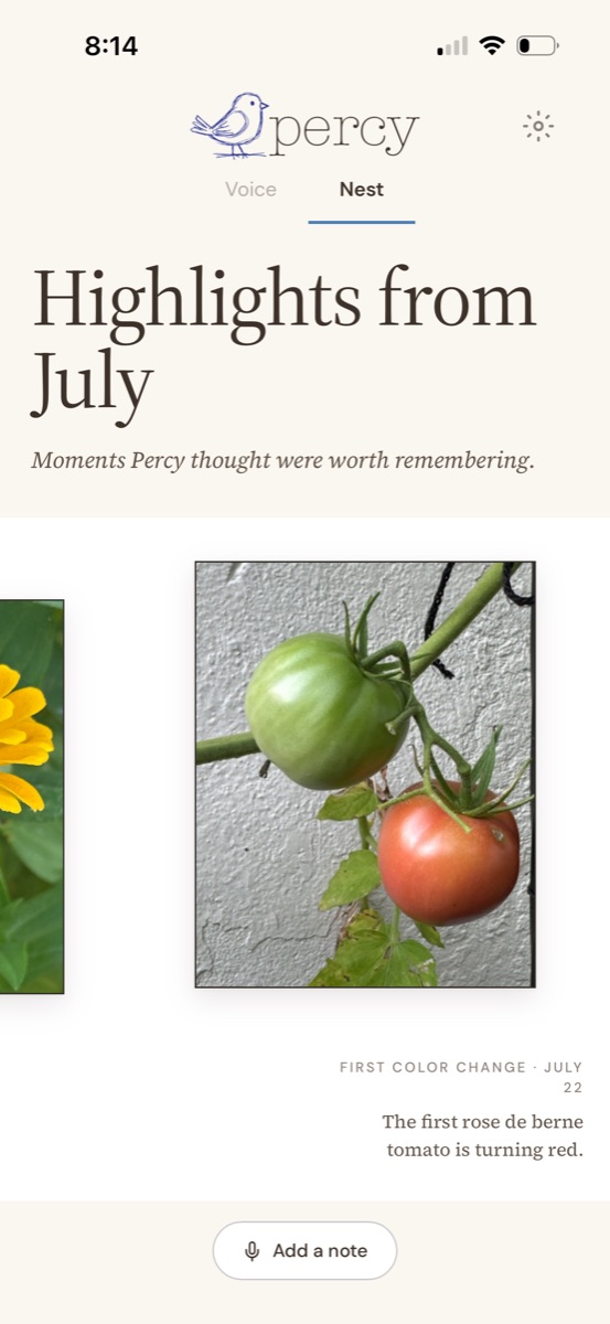 The Percy app's Nest screen, titled Highlights from July, with the subtitle Moments Percy thought were worth remembering, showing photo cards including a rose de berne tomato just turning red