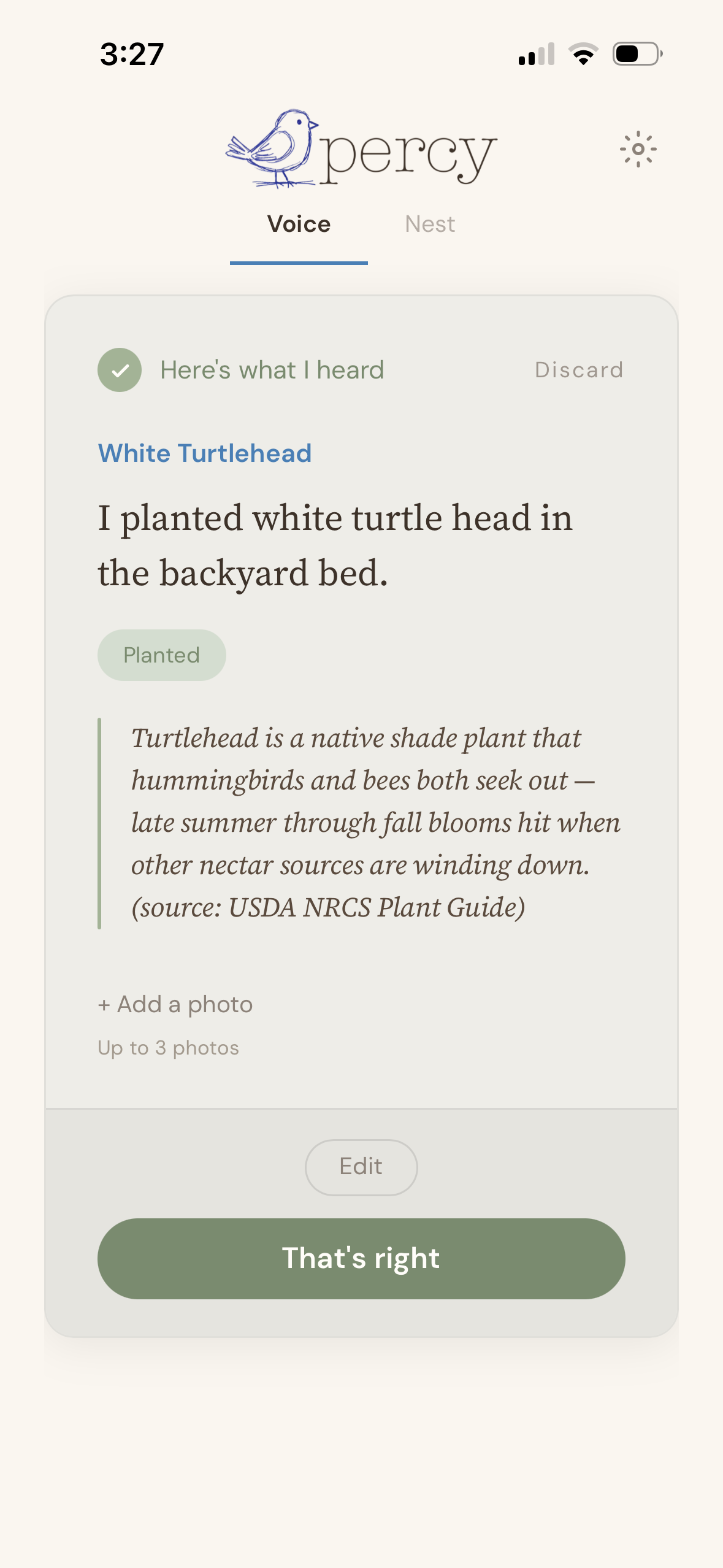 Percy's confirmation card after saying 'I planted white turtle head in the backyard bed,' tagged Planted, with a note that turtlehead is a native shade plant that feeds bumblebees